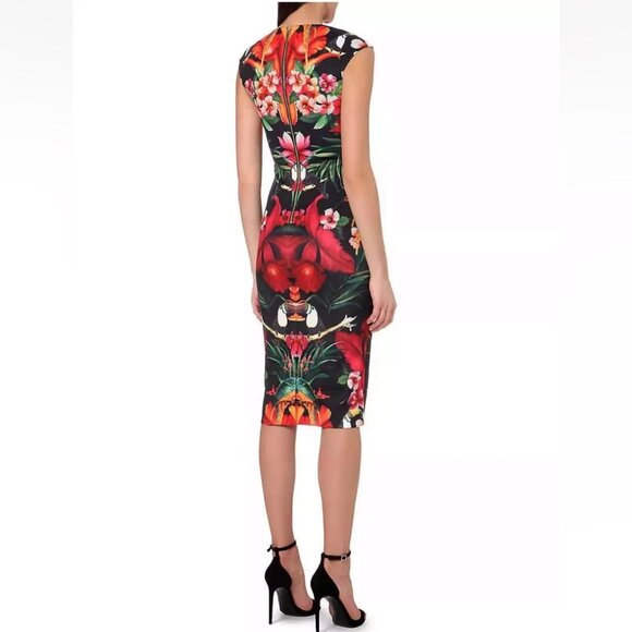 TED BAKER Bismii Toucan Print Multicolor Tropical Black Bodycon Midi Dress - Picture 2 of 14